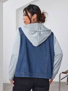 SHEIN EZwear Plus Size Hooded Contrast Color Pocket Front Button Long Sleeve Denim Jacket - Medium Wash - View 2