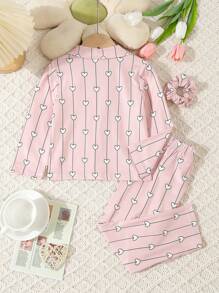 2 pièces/set Ensemble casual de vêtement de maison avec cardigan col à cœur imprimé et pantalon confortable pour jeune fille, printemps et automne - Multicolore - Voir 2
