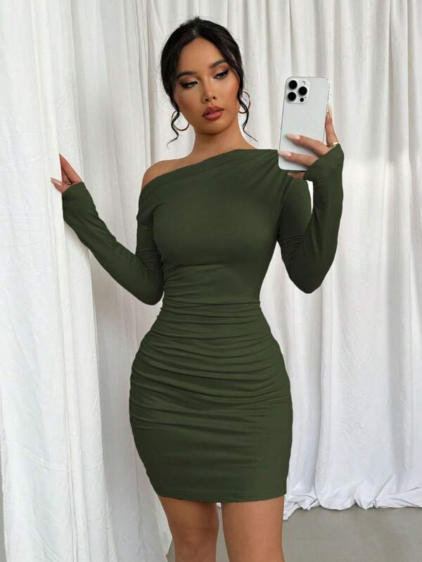 Elenzga Rochie casual cu maneci lungi cu volan asimetric