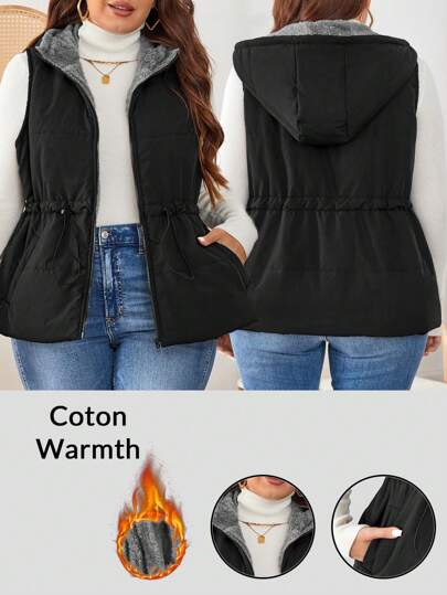 SHEIN LUNE 大码女式抽绳腰带毛绒休闲宽松外套，秋冬季，抓绒外套，冬季女式外套，带口袋加厚外套和派克大衣，可收纳轻便全拉链连帽外套，绗缝冬季外套，2024新款女式冬季外套，带口袋宽松外套，时尚大码羊毛绒长款外套，冬季保暖假日外套