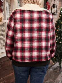 Chaqueta informal de manga larga con cuello esponjoso, efecto de bloque de color a cuadros, para mujer de talla grande, ideal para otoño e invierno - Rojo - Ver 2