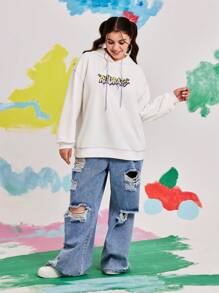 Nick 90s X SHEIN Sudadera con capucha blanca de talla grande informal con estampado de letra de dibujos animados y costuras contrastantes con caída de hombros