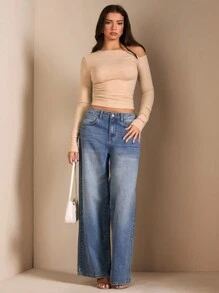 SHEIN BAE 女士不对称肩部长袖上衣，适合秋季约会 - 卡其色 - 查看 1