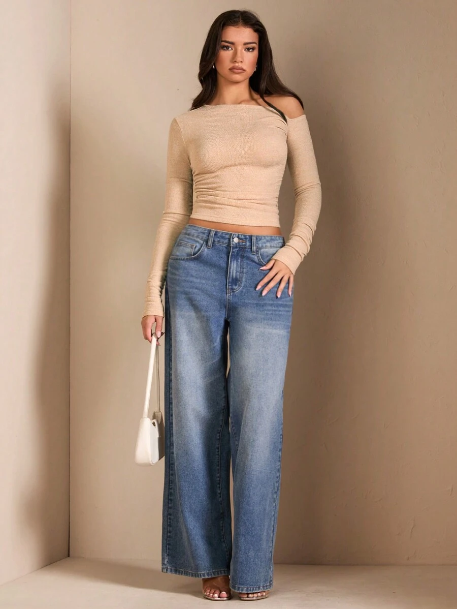 SHEIN BAE 女士不对称肩部长袖上衣,适合秋季约会 - 卡其色 - 查看 1