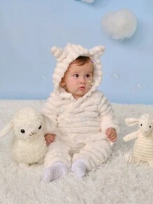 SHEIN Bộ đồ liền thân dài tay có mũ trùm đầu dễ thương cho bé sơ sinh mùa đông - trắng - Xem 4