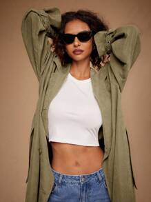 Forever 21 Autumn Winter New Turn-Down Collar Waist-Cinched Oversized Loose Long Trench Coat