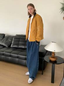 Mainfolk 男士梭织休闲几何图案宽松长袖立领开衫，适合秋冬 - 卡其色 - 查看 6