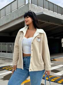 SHEIN Unity 大码保暖内衬新款羊羔针织棉服女款，日式灯芯绒棉服休闲外套 - 卡其色 - 查看 2