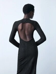 Maija 女士纯色针织圆领露背修身长裙，优雅秋季 - 黑色 - 查看 7