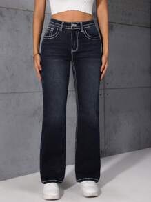 SHEIN LUNE Women's Leaf Embroidered Slim Flare Leg Jeans - Blue - View 4