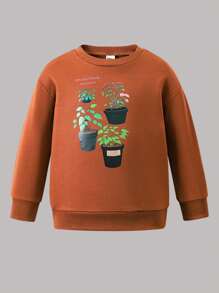 Young Girls Autumn/Winter Floral Graphic Printed Brown Sweatshirt & Comfortable Jeans Outfit, Career Day Back-To-School 1pc Casual Fashion Sports Top - Coffee Brown - View 3