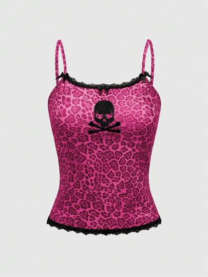 Kawaii Y2K Style Abby PUNK Pink Leopard Lace & Skull Embroidered Women Tank Top