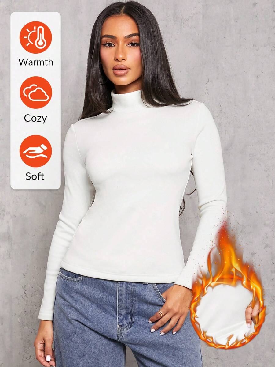 SHEIN PETITE Áo nhung trắng ấm cổ cao ôm màu trơn - trắng - Xem 1