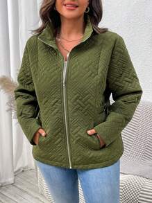 SHEIN LUNE Plus Size Solid Color Zip-Up Long Sleeve Casual Simple Padded Padded Coat Clothes Winter