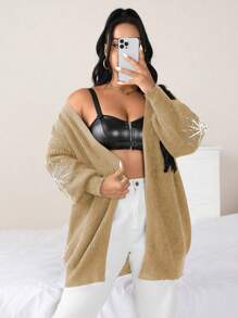 Flirla Plus Size Solid Color Long Sleeve Spider Web Pattern Minimalist Cardigan - Khaki - View 4