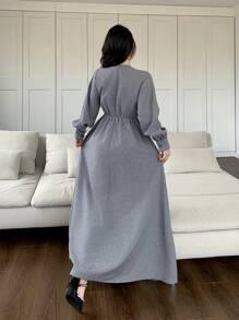 Feyla 女士春秋优雅长袖前系带连衣裙 - 灰色 - 查看 4