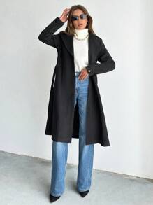 SHEIN PETITE Women's Solid Lapel Neck Belted Overcoat - Black - View 5