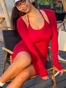 INAWLY Plus Size Solid Color Hollow Out Ruffle Sexy Long Sleeve Dress