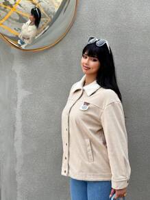 SHEIN Unity 大码保暖内衬新款羊羔针织棉服女款，日式灯芯绒棉服休闲外套 - 卡其色 - 查看 3