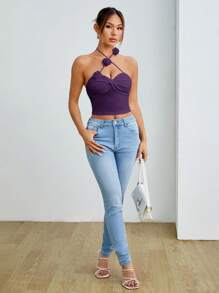 SHEIN PETITE 女士时尚性感纯色3D花朵吊带背心 - 紫色 - 查看 7