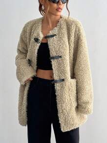 Lunelith SHEIN Lunessa Giacca casual e di moda in pile a maniche lunghe, spalle a caduta, con design a bottoni, adatta per l inverno delle donne