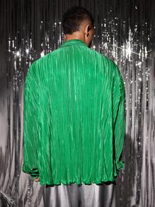 Manfinity RebelGame 男士时尚休闲宽松褶皱长袖贴花编织衬衫 - 綠色 - 查看 2