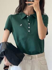 DAZY 女士夏季马匹印花短袖 Polo 领休闲 T 恤 复活节 - 墨綠色 - 查看 4