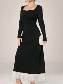 Modelyn Women's Solid Square Neck Elegant Long Sleeve Dress