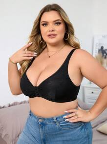 1 pieza Sujetador sin aros de talla grande con cierre delantero y tejido jacquard suave - Negro - Ver 3