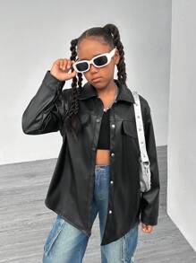 SHEIN Explorewe Tween Girls Fashion Stylish High-End Quality Detachable Belt PU Leather Jacket - Black - View 1