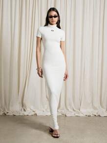 AiiRZ Logo Detailed Stand Collar Short Sleeve Bodycon Maxi Dress - Apricot - View 5
