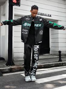 PAVTROS Manfinity Streetrush 2pcsMen's Casual Letter Print Jacket And Trousers Set, Autumn,Street Men Two Pieces Outfits,Men Tracksuit - Black - View 7