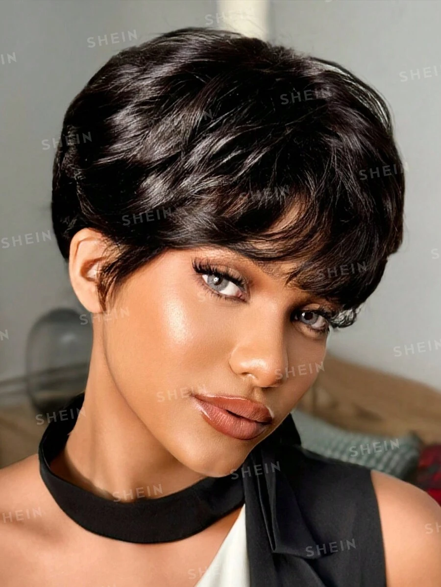 Pelucas De Cabello Humano Corto Ondulado Con Flequillo Estilo Bob Pixie Completo Fabricado Por Máquina Sin Encaje