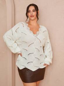 SHEIN Unity Plus Size Women's V-Neck Long Sleeve Contrast Lace Pullover Sweater, Autumn/Winter Knit Pullover Fall - White - View 6