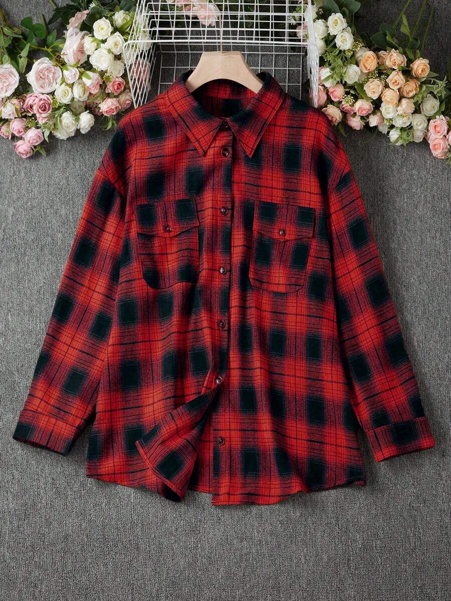 Calvaya Camisa a cuadros de manga larga con bolsillo delantero y botones, para uso diario casual, ropa para Año Nuevo de talla grande - Rojo - Ver 1