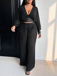 Maweii Plus Size Women PU Patchwork Casual Pleated Batwing Sleeve Top & Wide Leg Pants Set - Black - View 4
