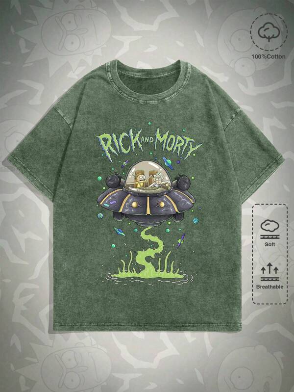 ROMWE MEN Rick and Morty | ROMWE Men Cartoon And Letter Graphic Drop Shoulder Oversize Tee For Summer, School