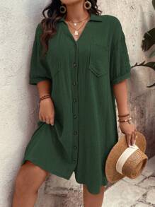 Linhara Plus Size Women's Summer Solid Color Drop Shoulder Pocket Loose Single-Breasted Casual Dress