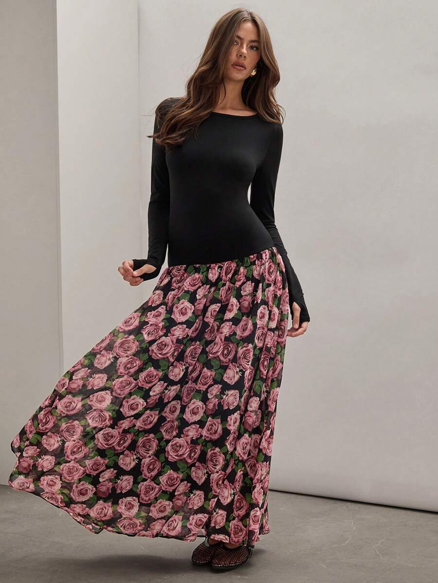 COSMINA فستان كوكتيل طويل للسهرة للنساء، من موحد اللون بتصميم رقع الأكمام الطويلة، طقات رسمي - متعدد الألوان - مشاهدة 1