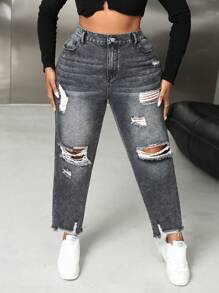 SHEIN SXY Plus Size Jeans Ripped Fit Tapered Pants Plus Size Black Jeans Black Jeans Pants Halloween Pants Going Out Bottoms Women Jeans Pants Fall Pants Denim Pants Fall Women Clothes Jeans Cowgirl Jeans