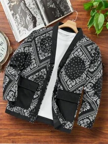 Manfinity Homme Men's Autumn/Winter All-Over Cashmere Flower Print Black Kimono Cardigan Jacket - Black - View 5