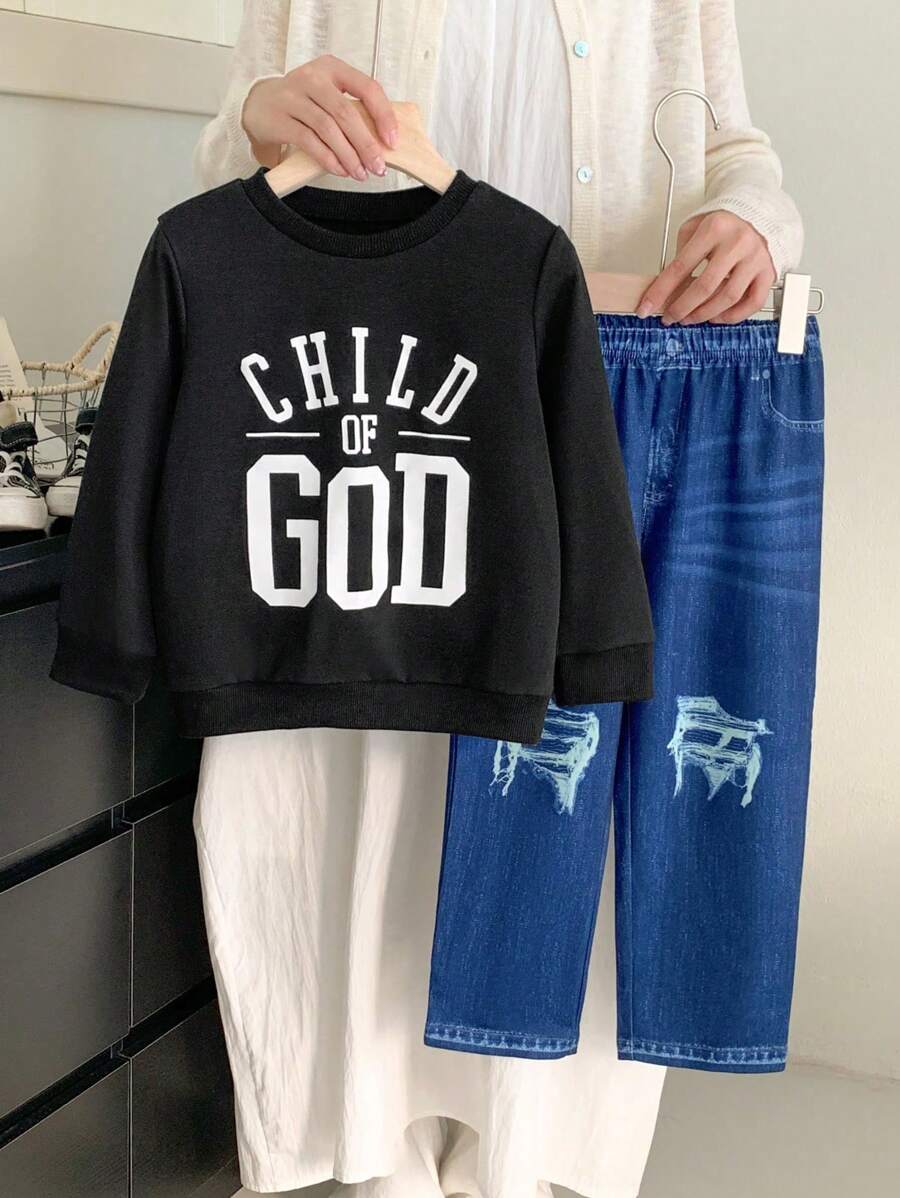 SHEIN Bộ 2 chiếc/Bộ áo nỉ dài tay in chữ tiếng Anh thường ngày cho bé trai và quần denim in họa tiết thể thao, mùa xuân thu - màu đen - Xem 1