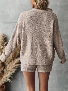 SHEIN LUNE Top sin mangas de cuello redondo de unicolor y shorts, chaqueta de manga larga y conjunto de suéter de estilo informal