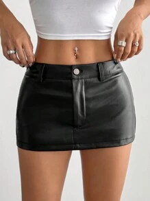 StreetHx Plain Bodycon Pencil Skirt, Low Waist Mini Short PU Leather Women Outfit