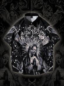 ROMWE MEN Goth Camisa casual de manga corta con estampado de cruz para hombres en verano, para Halloween, escuela