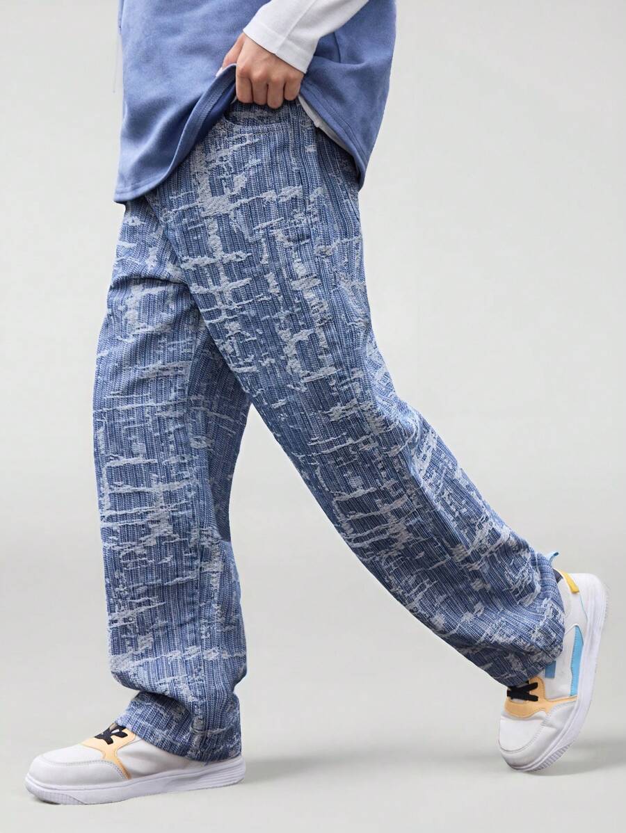 SHEIN Tween Boys' Medium Washed Blue Loose Straight Leg Denim Pants With Distressed Fabric Patch - Medium Wash - View 1