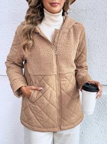 EMERY ROSE Áo khoác đệm mùa thu cho nữ, vải lông cừu giả chắp vá, túi bên có khóa kéo - Màu Khaki - Xem 1