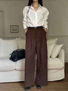 DAZY Women's Loose Fit Wide Leg Pants With Pockets Business Attire - Brown - View 7