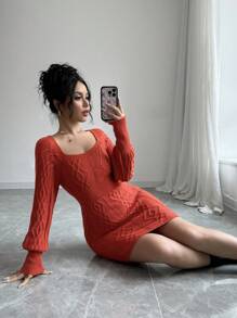 Calvaya Square Neck Solid Color Casual Long Sleeve Sweater Dress