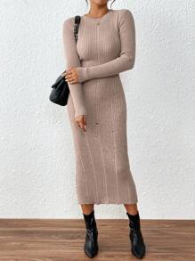 SHEIN Clasi Women's Slim Fit Ribbed Hole Long Sweater Dressbusiness Casual Woman,Work Wear,Fall Wedding Guest Dress, - Khaki - View 5